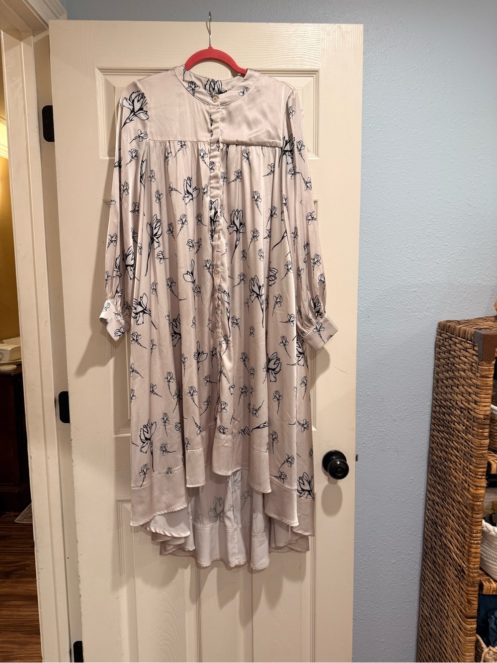 Cream and Black Floral print Button-Front Maxi Dress Long sleeve High Low